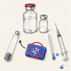 Ice pack with red slash warning against freezing reconstituted peptide solution