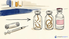 A comparison showing an intact beaded peptide chain next to a broken chain shattered by cartridge transfer.