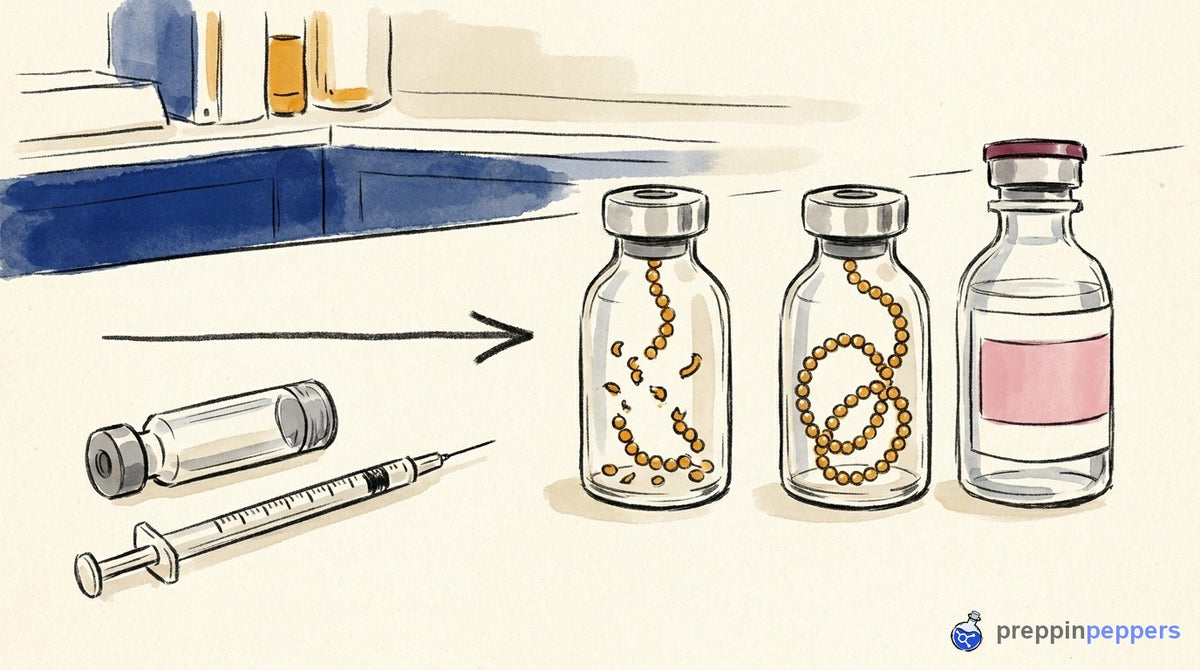 A comparison showing an intact beaded peptide chain next to a broken chain shattered by cartridge transfer.