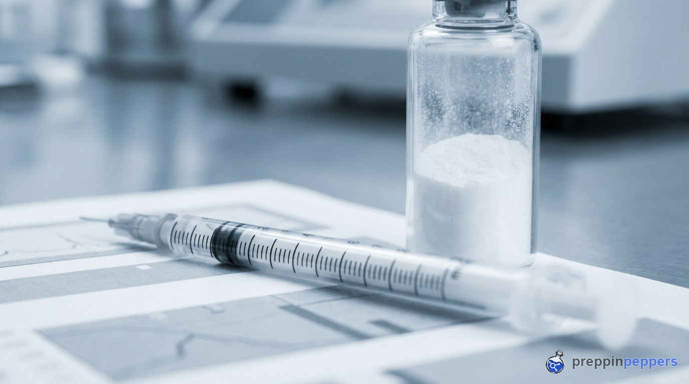 A graduated syringe on a dosing chart with a vial behind