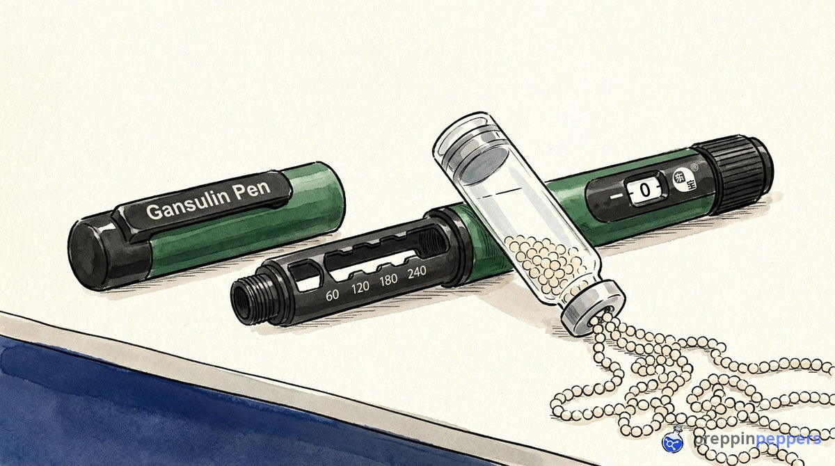 Mismatched glass cartridge failing to fit a Gansulin pen, with a beaded chain spilling to show wasted peptides.