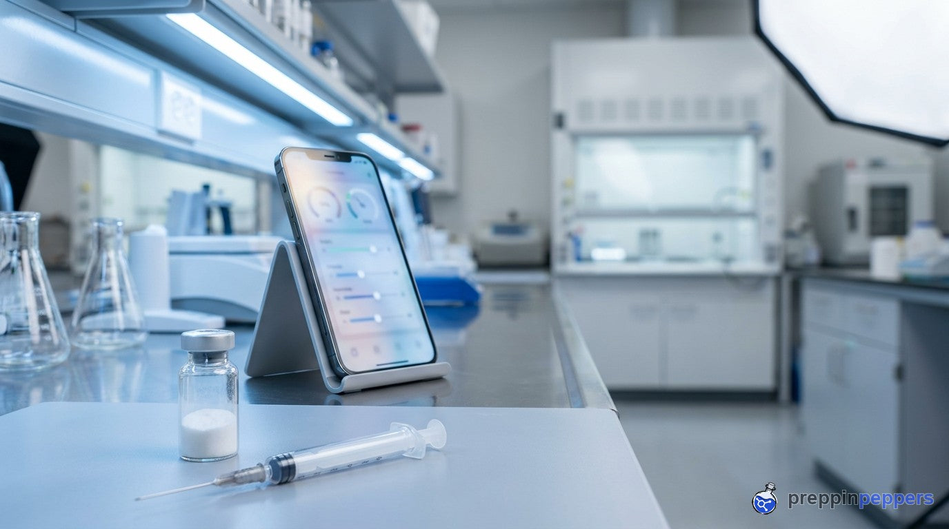 A phone calculator interface behind a vial and syringe