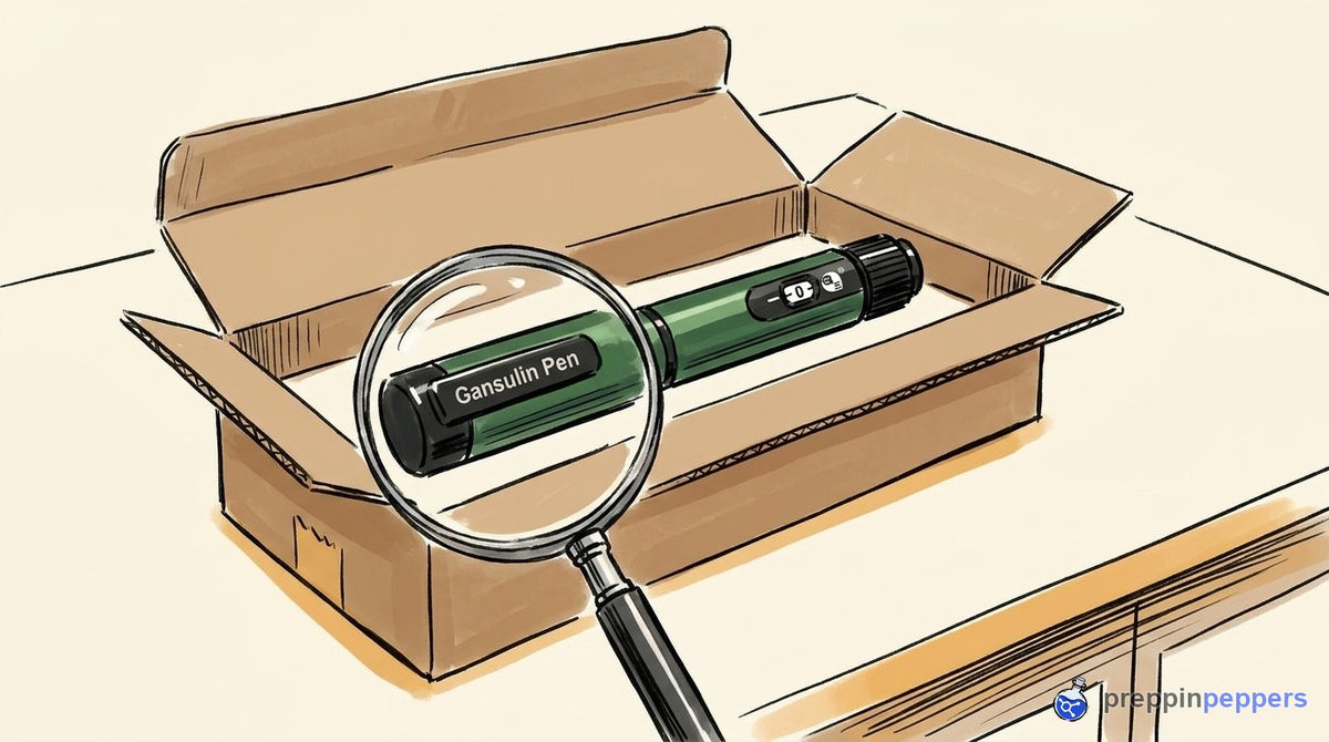 A Gansulin pen rests in an open shipping box under a magnifying glass, illustrating a Reddit buyer's inspection guide.
