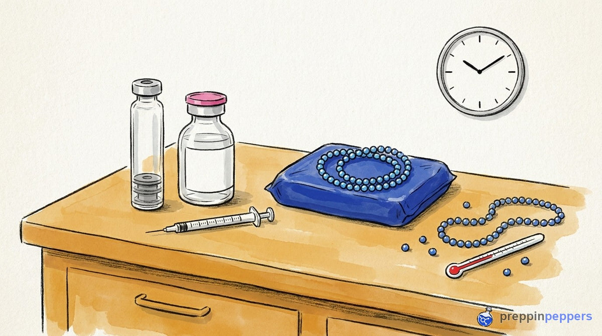 An ink-and-wash illustration of a syringe, cartridge, and vial next to intact and broken beaded chains near an ice pack.