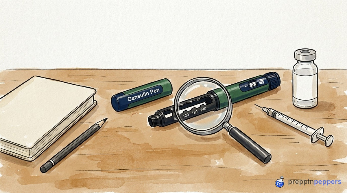 An uncapped Gansulin pen, magnifying glass, syringe, and vial on a lab bench near a closed notebook.