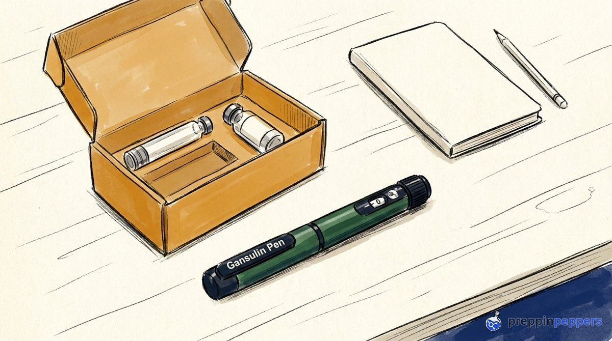 A Gansulin pen, a glass cartridge, and an unlabeled vial next to a shipping box on a lab bench.