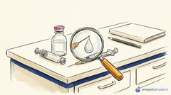 Syringe, glass cartridge, and water vial on a bench, with a magnifying glass highlighting a droplet on the needle tip.