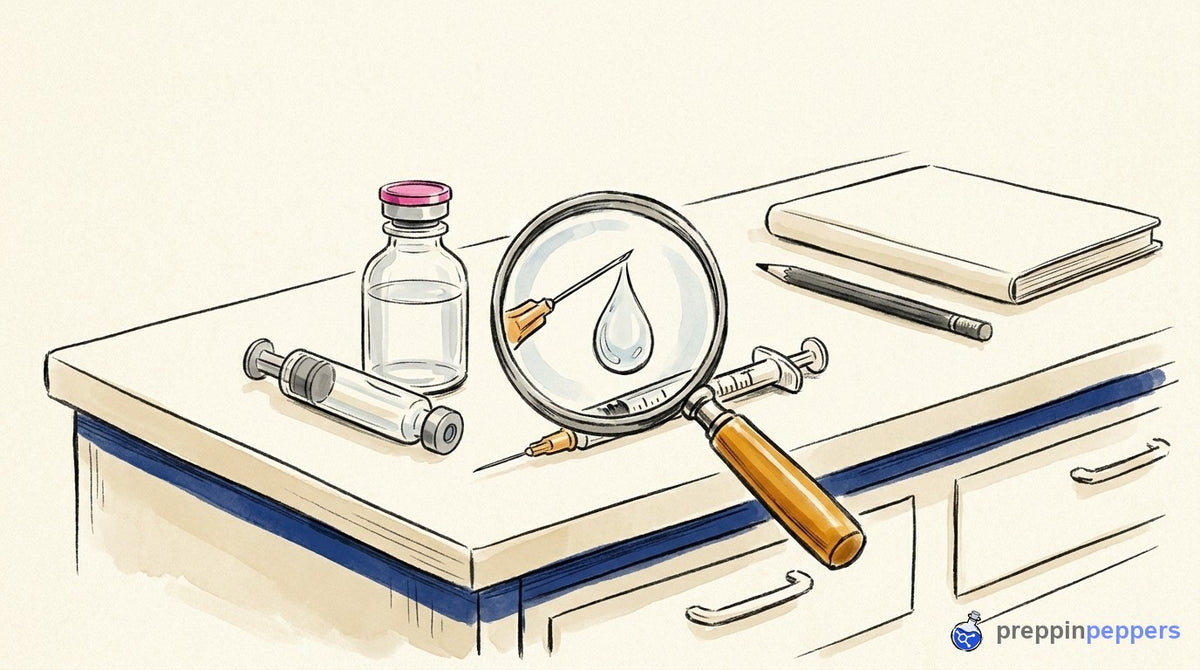 Syringe, glass cartridge, and water vial on a bench, with a magnifying glass highlighting a droplet on the needle tip.