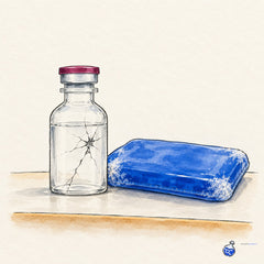 A cracked glass bacteriostatic water vial sits next to a frosted ice pack on a lab bench.