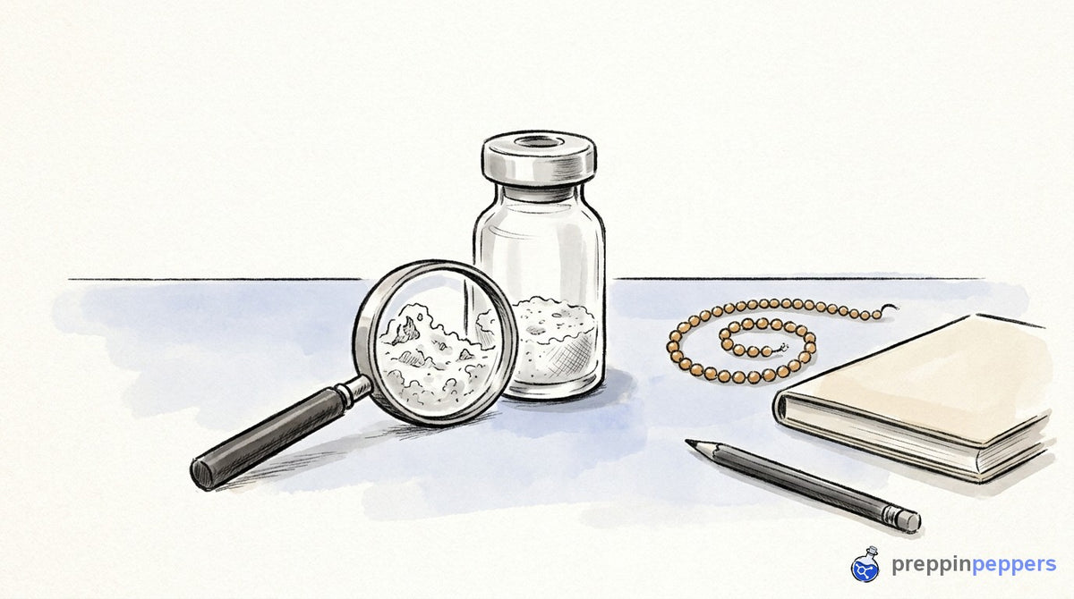 An unlabeled glass vial of white powder next to a magnifying glass, a beaded chain, and a notebook on a lab bench.