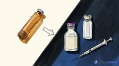 An amber glass cartridge in bright light beside clear vials and a syringe resting in the shade on a lab bench.
