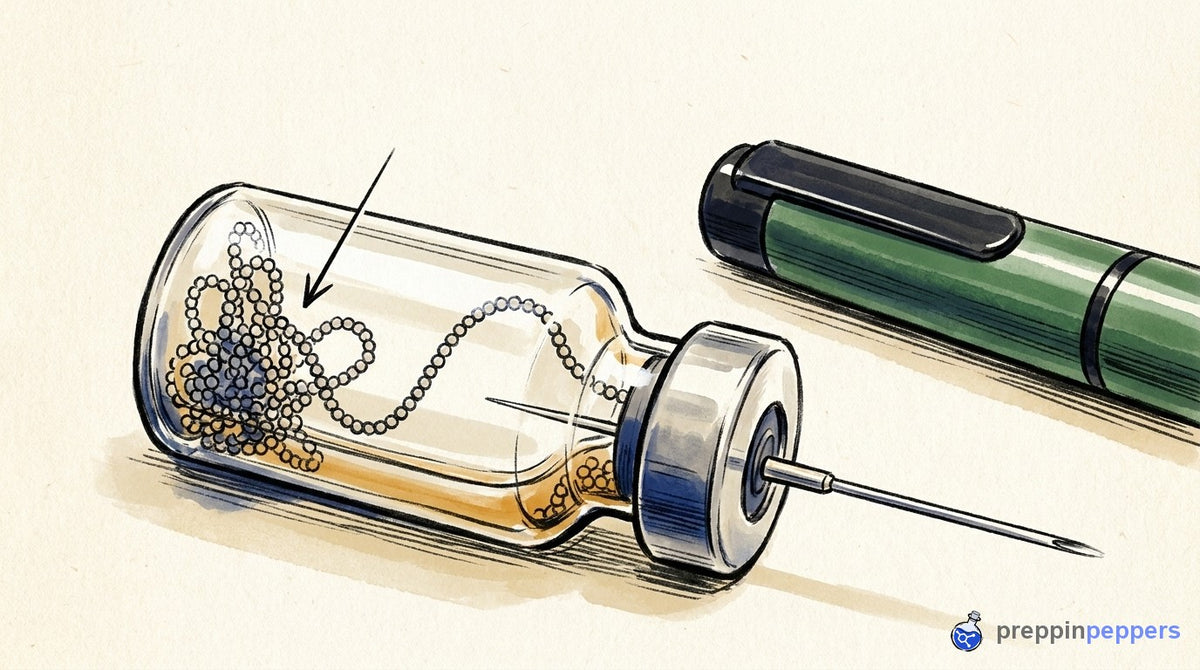 A syringe failing to reach the last of a peptide beaded chain inside a 3ml cartridge, pointing to waste.