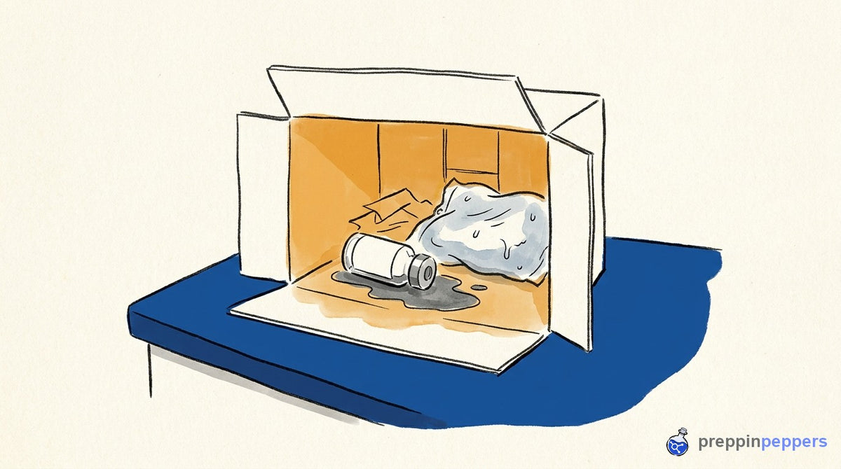 A plain unlabeled vial on a melted ice pack inside an import shipping box, showing compromised sample temperature.