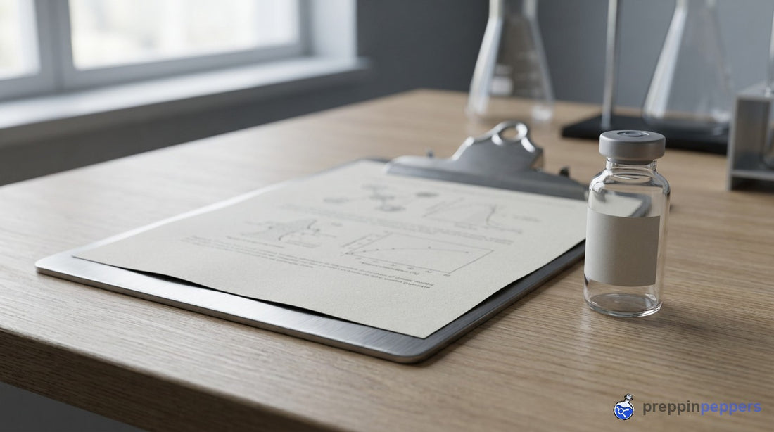 A document and clipboard beside a plain research vial on a desk