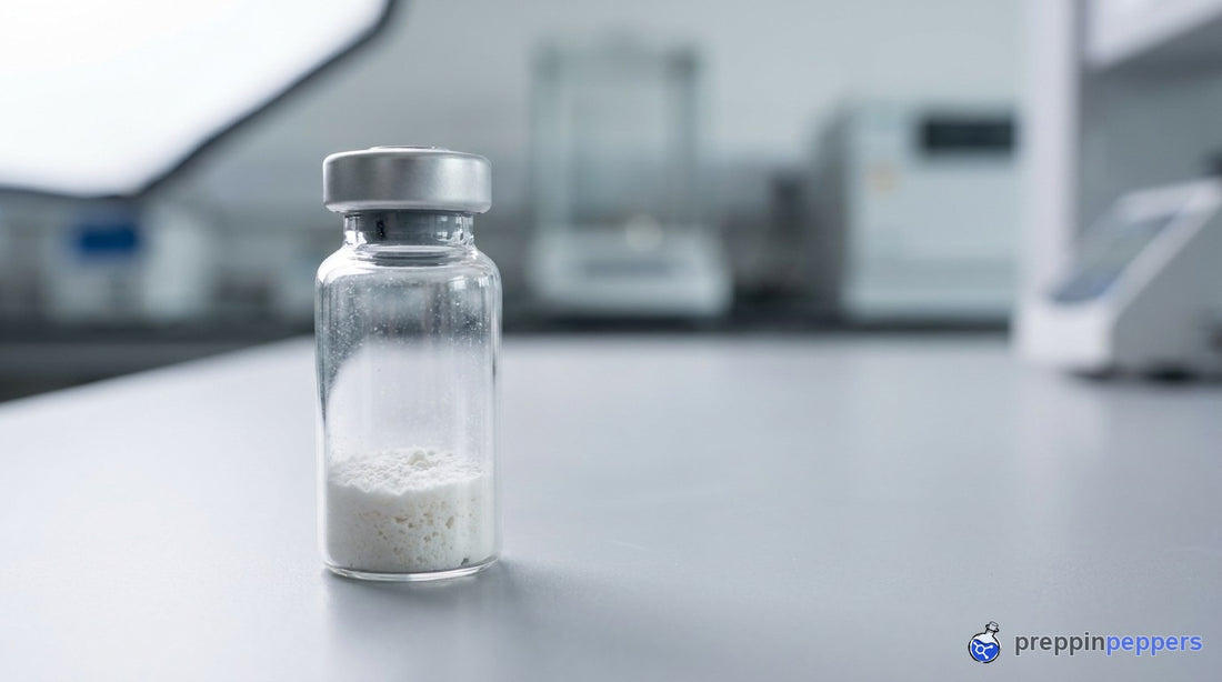 A glass vial of freeze-dried lyophilized powder