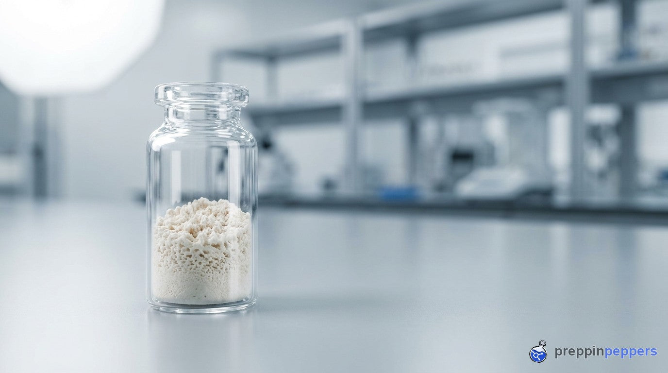 A glass vial of freeze-dried lyophilized powder