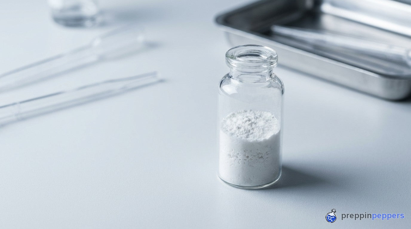 A glass vial of freeze-dried lyophilized powder