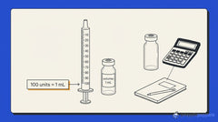 Diagram of a U-100 syringe and 1 mL vial on a lab bench with a second unlabeled vial, calculator, and notebook.