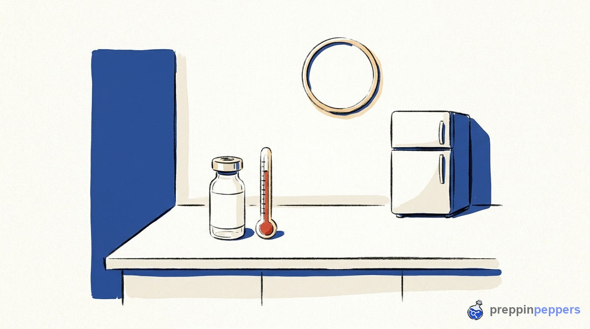An unlabeled glass vial sits next to a thermometer on a lab bench, with a blank clock and a closed fridge nearby.