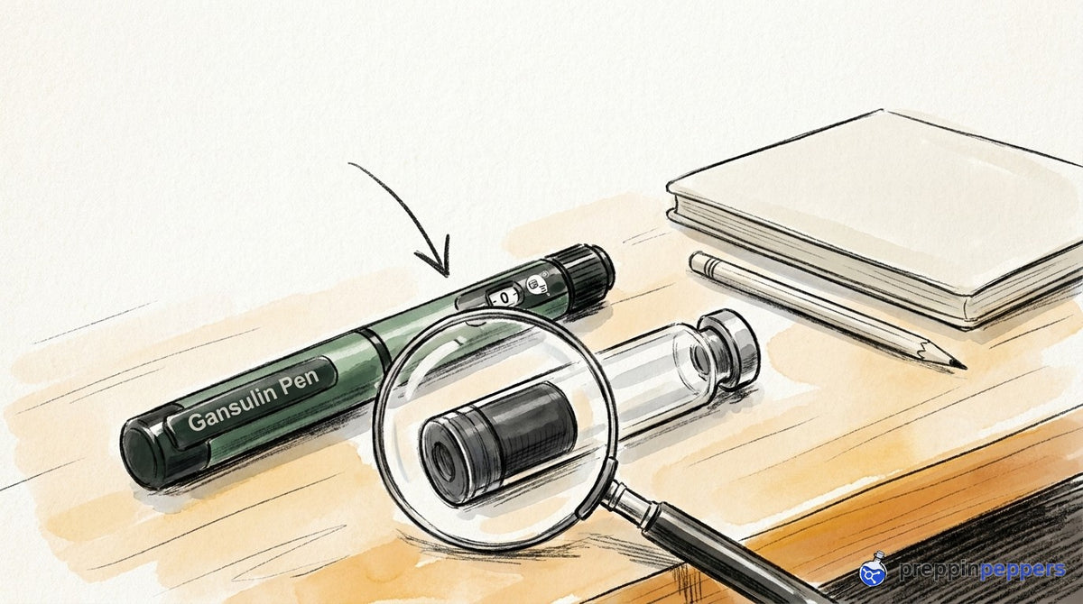 A Gansulin pen and a glass cartridge under a magnifying glass on a lab bench.
