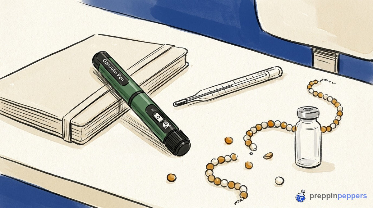 A Gansulin pen on a lab bench next to a thermometer and a broken beaded chain.