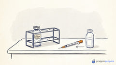 Ink-and-wash illustration of a Vilon vial next to diluent and a syringe, representing reconstitution steps.