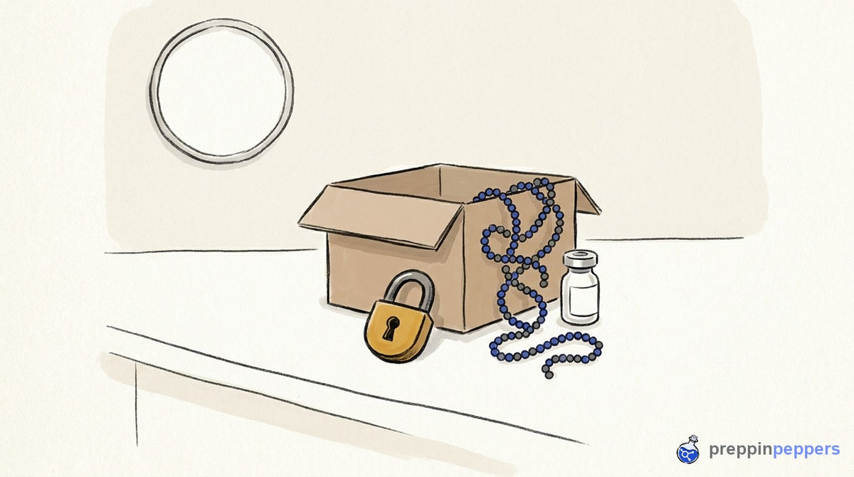 A padlock sits in front of a shipping box containing a beaded chain and a plain unlabeled glass vial on a lab bench.