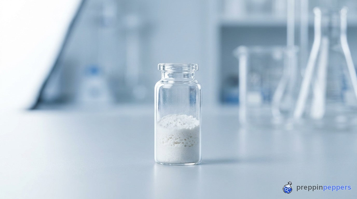 A glass vial of freeze-dried lyophilized powder