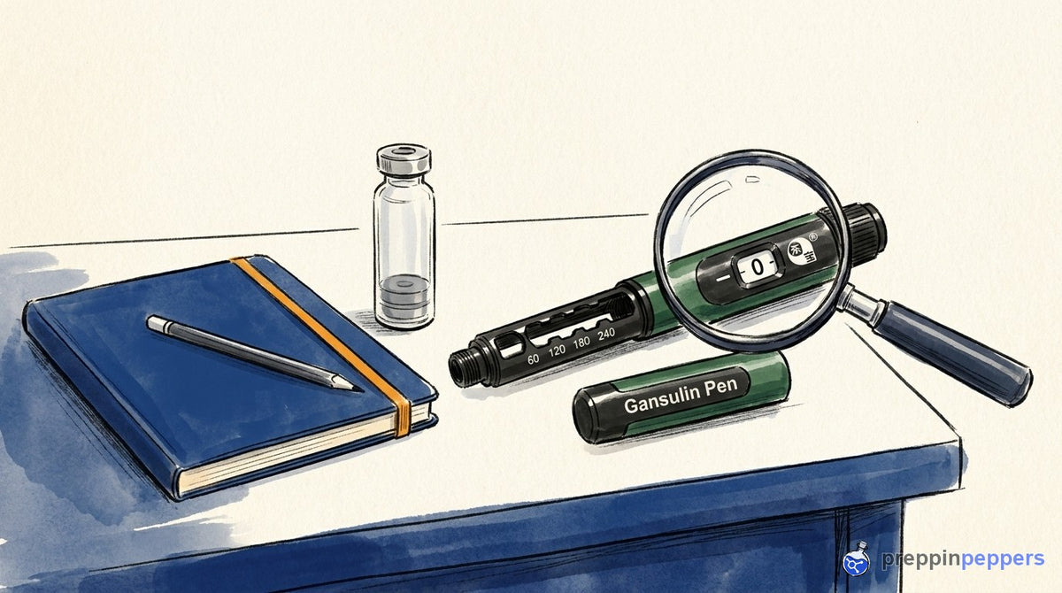 An uncapped Gansulin peptide pen on a lab bench next to a magnifying glass, a plain notebook, and a pencil.