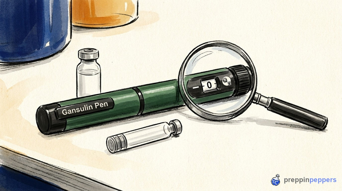 A gansulin pen review highlighting the metal body and 3 ml cartridge for research reconstitution.