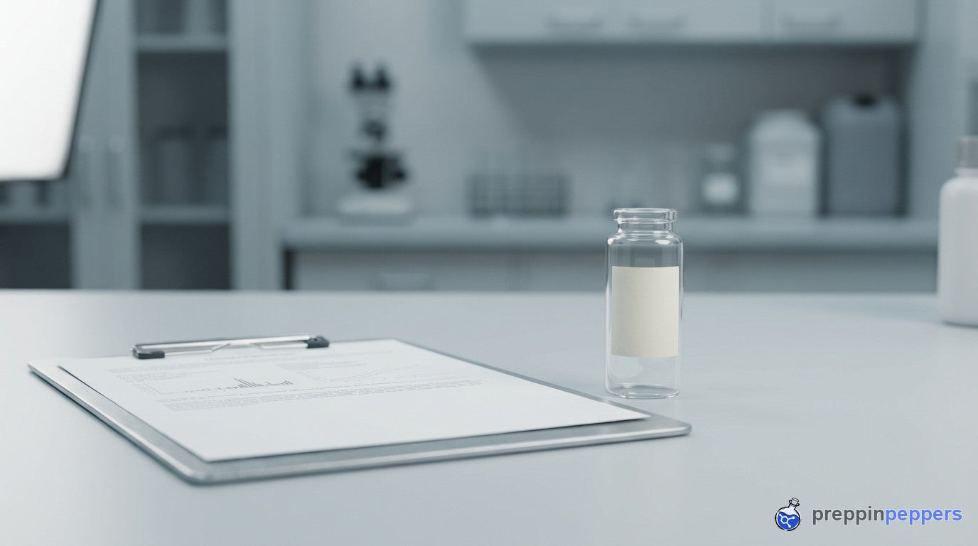 A document and clipboard beside a plain research vial