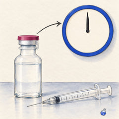 Bacteriostatic water vial with syringe beside a blank‑face wall clock, arrow linking them, torn seal indicating opened multi‑dose.