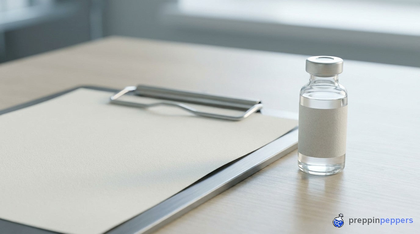 A document and clipboard beside a plain research vial