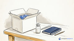 A plain unlabeled vial of lyophilized powder next to an open shipping box, ice pack, and thermometer on a lab bench.