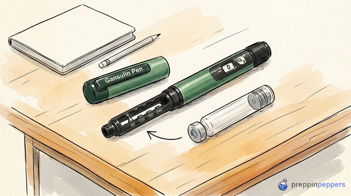 An uncapped Gansulin pen, its cap, and a glass cartridge with an arrow showing how to load it on a lab bench.