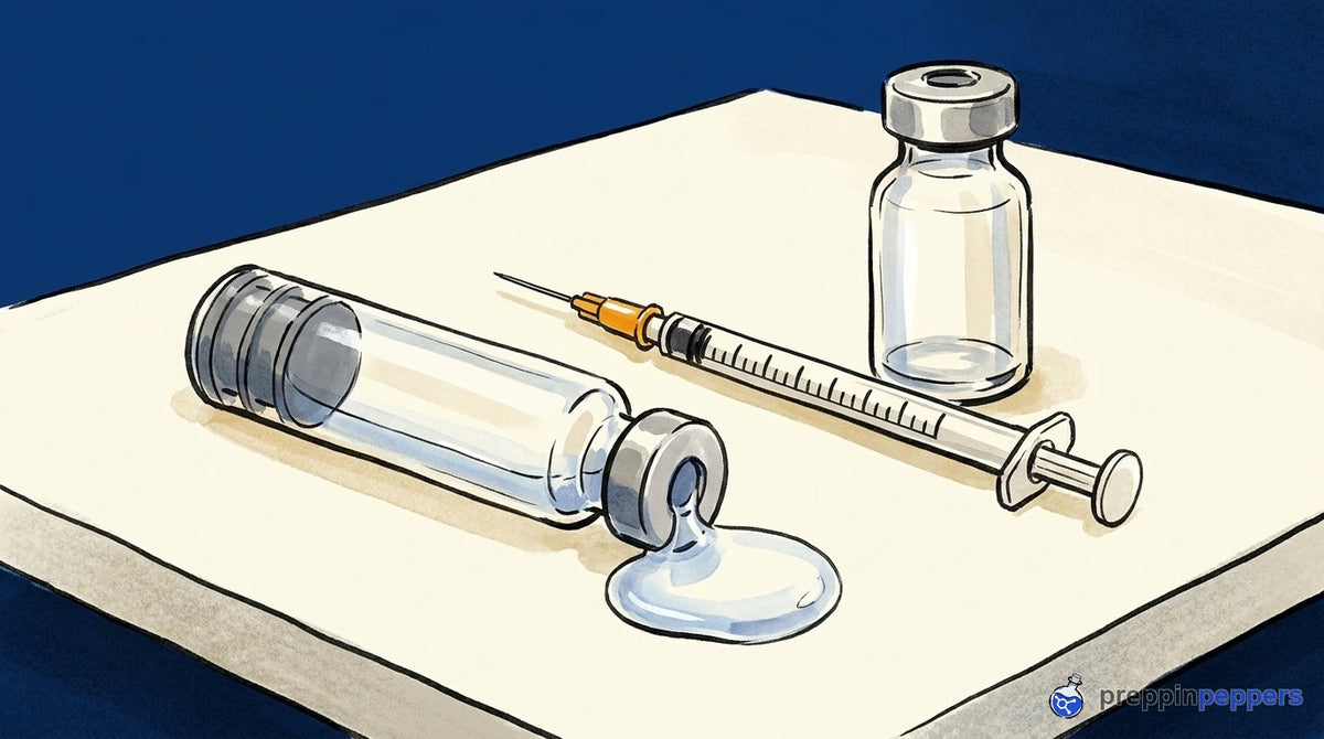A glass cartridge on a bench with a large liquid droplet leaking from its septum, showing peptide waste from over-pressurization.