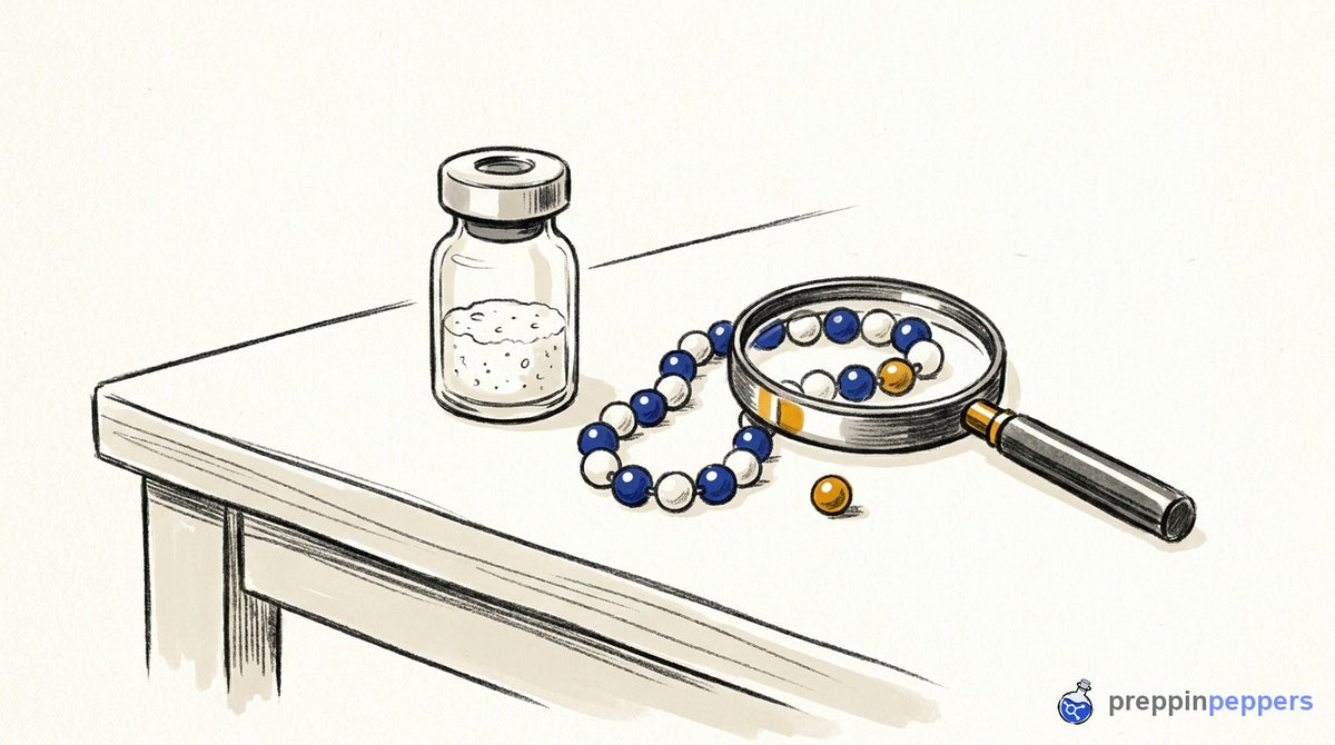 A magnifying glass focusing on a beaded chain next to an unlabeled vial of lyophilized powder on a lab bench.