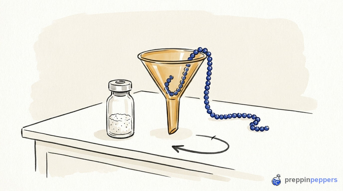 A beaded chain stops halfway inside a funnel next to an unlabeled vial of lyophilized powder.