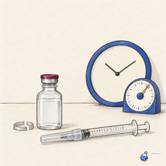 Opened bacteriostatic water vial with syringe beside a blank clock and timer indicating 28‑day limit