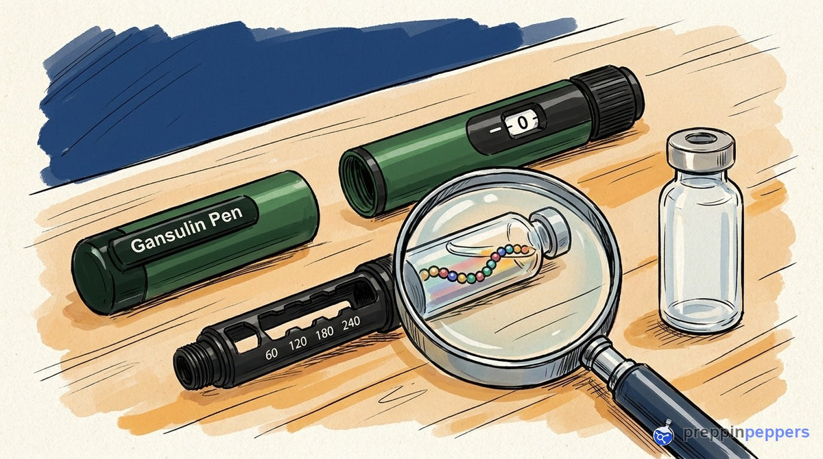 An uncapped Gansulin pen, its cap, a glass cartridge with a beaded chain, and a magnifying glass on a lab bench.