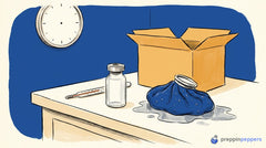A plain unlabeled glass vial sits on a lab bench next to a thermometer, a melting ice pack, and a shipping box.