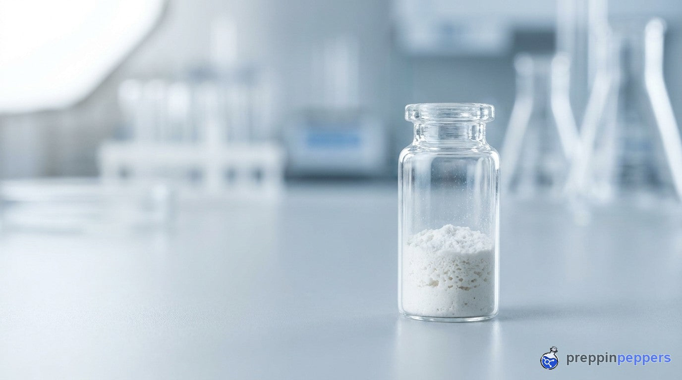 A glass vial of freeze-dried lyophilized powder