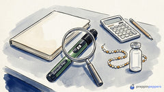 A Gansulin pen under a magnifying glass next to a blank calculator, pencil, and closed notebook on a lab bench.