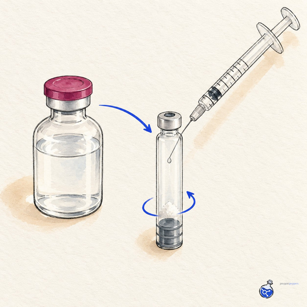 Syringe delivering bacteriostatic water against side of a 3 ml cartridge, ready to swirl.