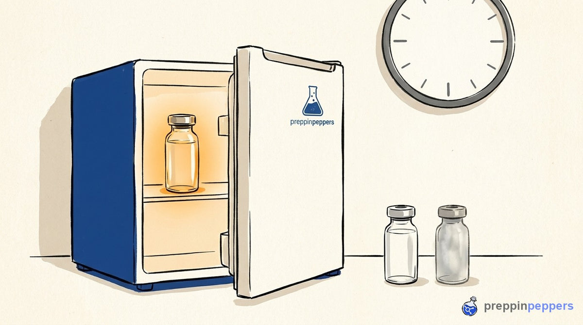 A glowing vial inside a mini-fridge contrasts with a faded, decaying vial outside under a blank clock.