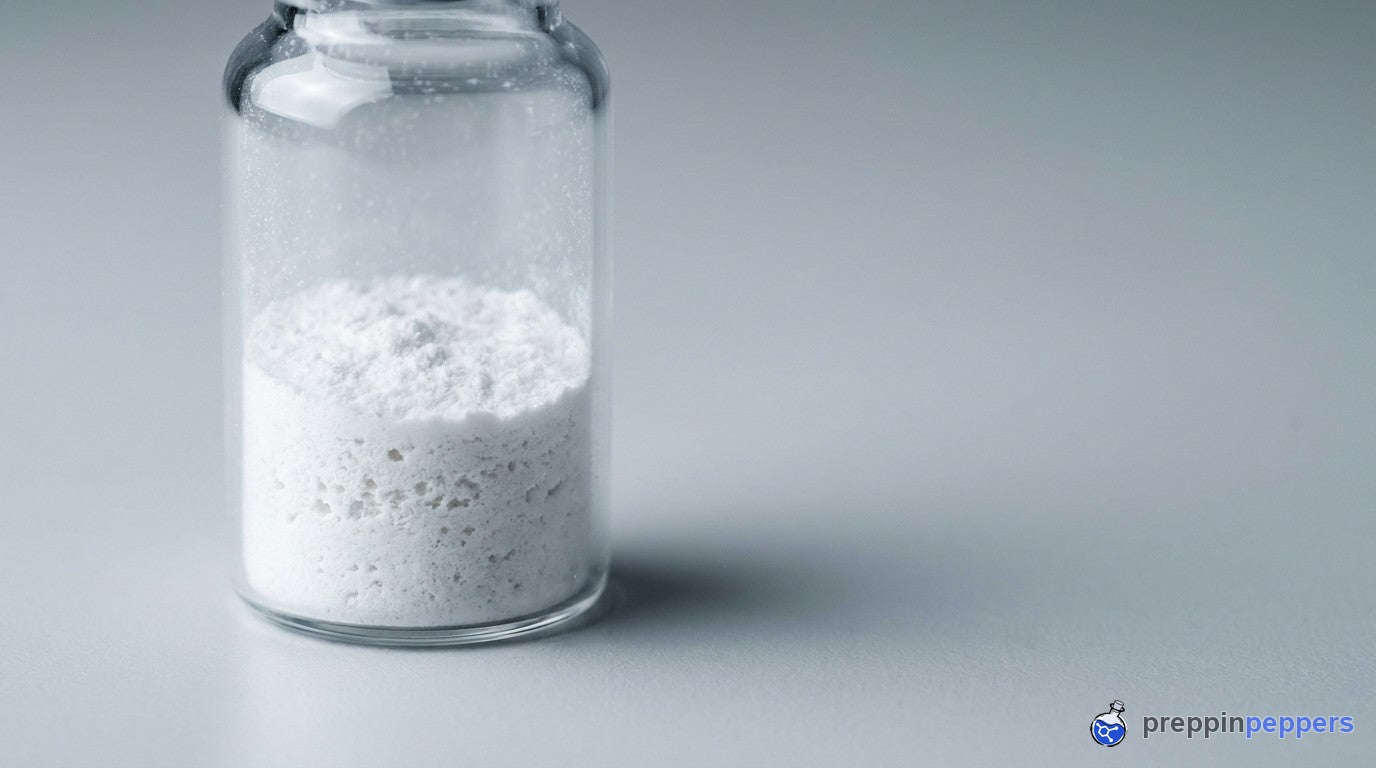 A glass vial of freeze-dried lyophilized powder