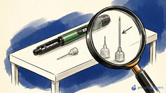 A magnifying glass compares a short and a long pen needle next to a Gansulin pen, highlighting the length difference.
