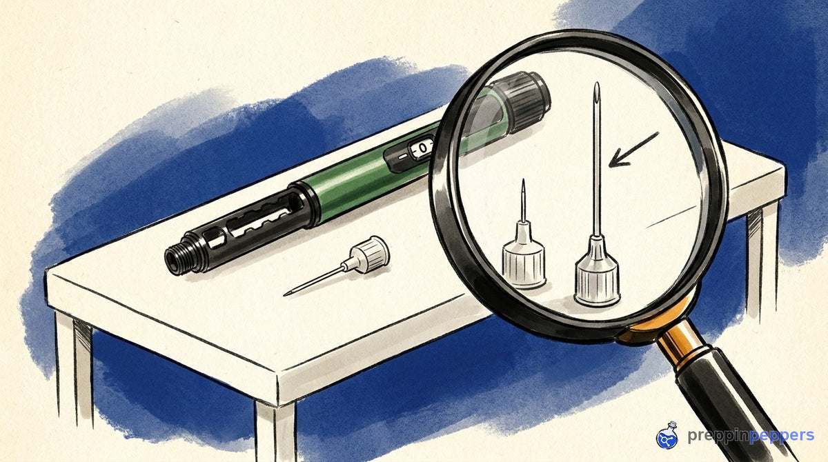 A magnifying glass compares a short and a long pen needle next to a Gansulin pen, highlighting the length difference.