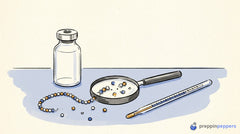 An ink-and-wash drawing of an unlabeled glass vial next to a broken beaded chain and a thermometer on a lab bench.