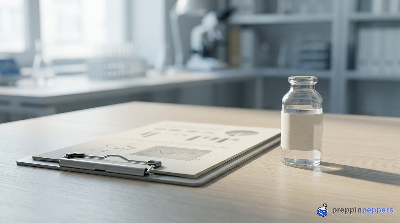 A document and clipboard beside a plain research vial